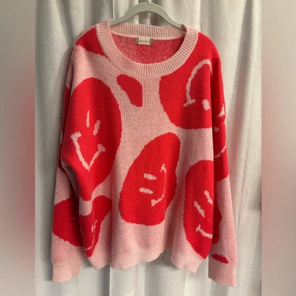 Altar'd State Pink and White Smiley Face Sweater - Picture 2 of 4